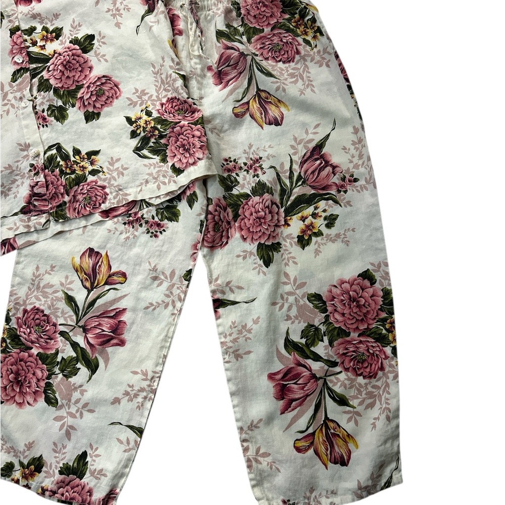 100% Linen Floral Women Pajamas Set - Pink and Cream.XL - Picture 2 of 11